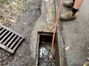 A professional plumber clearing tree roots in drainage pipes with specialised tools near a stormwater drain.